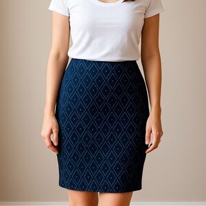 Leota Navy Geometric Pencil Skirt | Stretch Knit Work Skirt | Size S